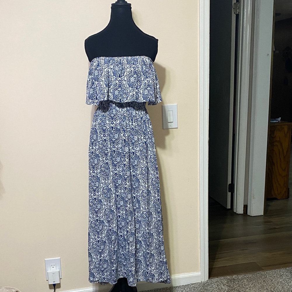 Blue and White Off-Shoulder Maxi Dress